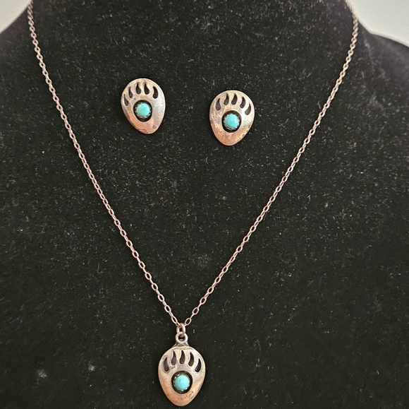 Vintage Native American Hopi Zuni bear paw earrings / pendant necklace sterling - Picture 5 of 5